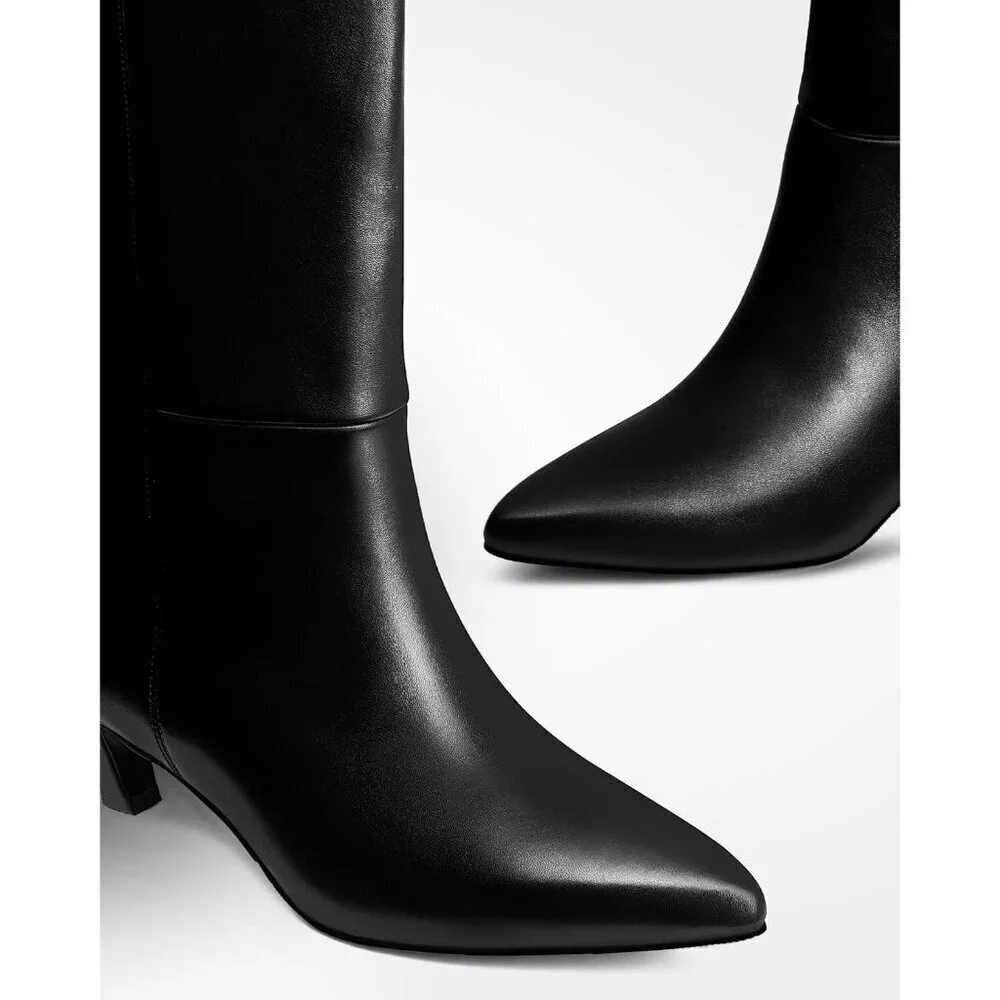 🆕Women Black-wide Calf Polyurethane Over the Knee Pointed Toe Block Heel Boot